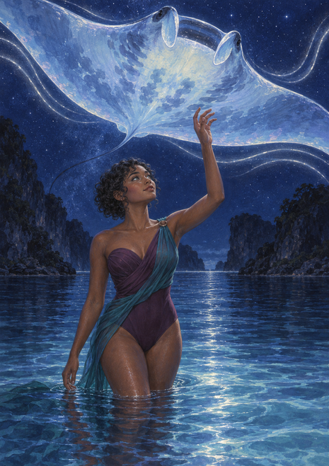 A woman in purple and teal stands in reflective water beneath a huge pale manta ray and smaller ray-like shapes in a starry night sky.
