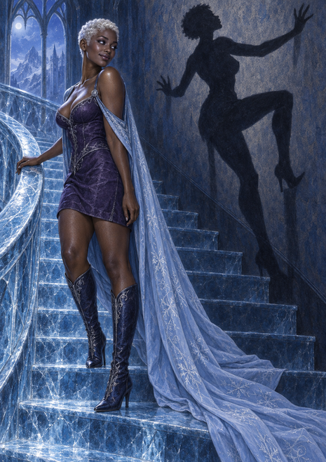 Woman in a purple dress and pale-blue cape on a blue staircase beside a large raised-leg shadow, with a moonlit mountain scene in an archway.