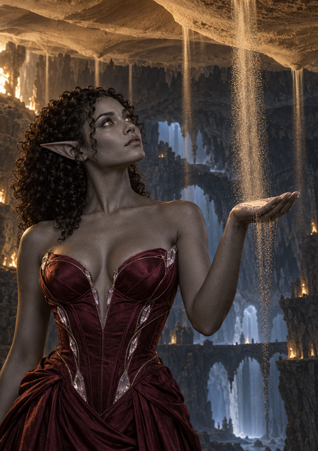 Pointed-eared woman in a burgundy gown looking up at a falling stream above her raised palm in a cavern with distant waterfalls.