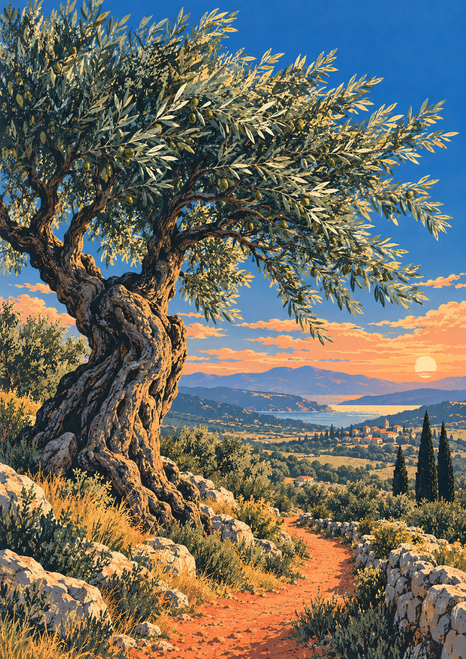 A large gnarled olive tree with silvery foliage above a winding orange-red path leading into a sunset valley.
