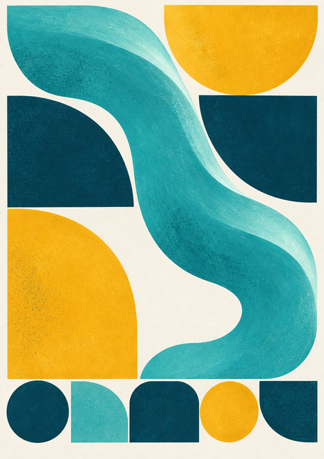 Turquoise S-shaped wave curving through large teal, marigold, and blue geometric forms on a pale background.