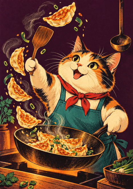 Calico cat cook in a teal apron tossing golden dumplings above a steaming pan against a deep plum background.