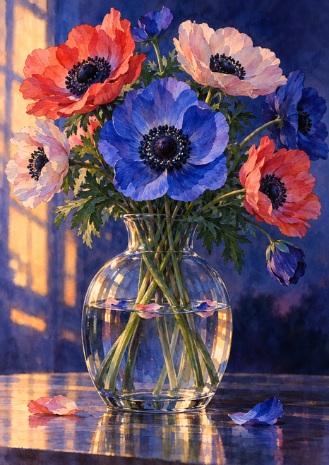Blue, coral, and pale blush anemones with dark centers arranged in a clear glass vessel under warm side light.