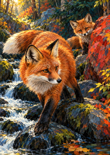 Two red foxes among creekside rocks and woodland foliage, with one fox in the foreground and a smaller fox behind it.