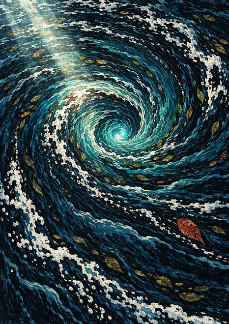 Overhead view of a dark blue whirlpool with a bright turquoise center, white foam, and scattered leaves.
