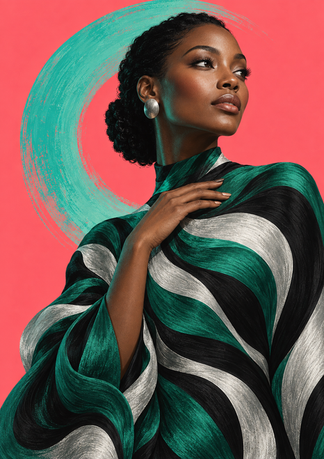 An adult Black woman in a high-neck garment of flowing emerald, black and silver bands, with a turquoise arc against a coral background.
