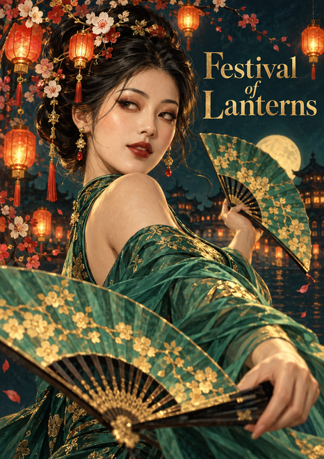 Adult woman in a jade-green costume holding two open fans among blossoms and glowing red lanterns, with a moon and rooftops behind her.