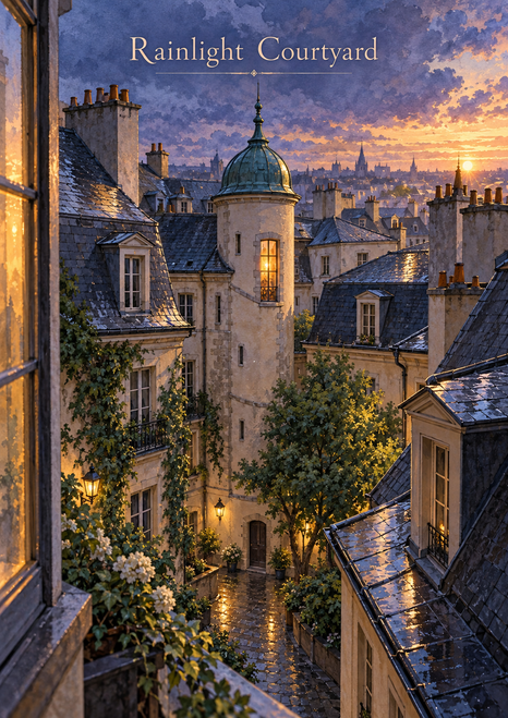 Rain-wet courtyard surrounded by cream buildings and slate roofs, with a central domed tower, trees, reflective paving, and a warm sunset skyline.