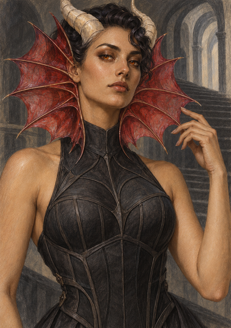 Horned woman in a dark bodice with broad crimson ribbed forms framing her face before gray stone arches.