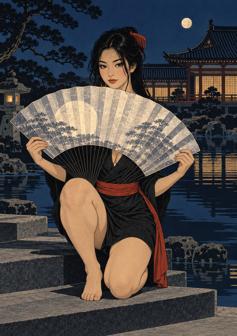 Dark-haired woman kneeling on stone steps with a pale folding fan in a moonlit garden beside a lantern and reflective pond.