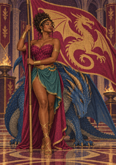 A woman in red and teal holds a pole before a red banner with a gold dragon emblem as a blue dragon crouches behind her.
