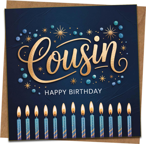 Birthday Card for Cousin - 145mm x 145mm Square, Navy and Gold Design with Candles, Happy Birthday Greeting, Includes Kraft Envelope