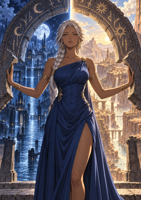 Braided woman in a blue gown framed by a circular arch between a blue nighttime city and a warm sunlit city, with moon and sun motifs.