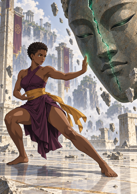 Anime-styled woman in a purple wrap outfit and gold sash holds a martial-arts stance against a huge turquoise-lit cracked stone face.