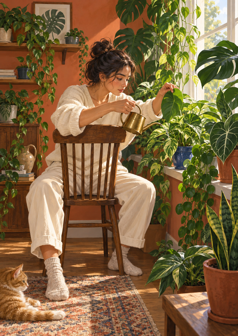 A woman in cream clothing waters abundant houseplants beside a bright window as a cat rests on the rug.
