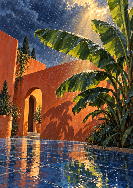 A broad green banana plant bends across a terracotta courtyard in heavy rain, beside an arched doorway and reflective blue paving.