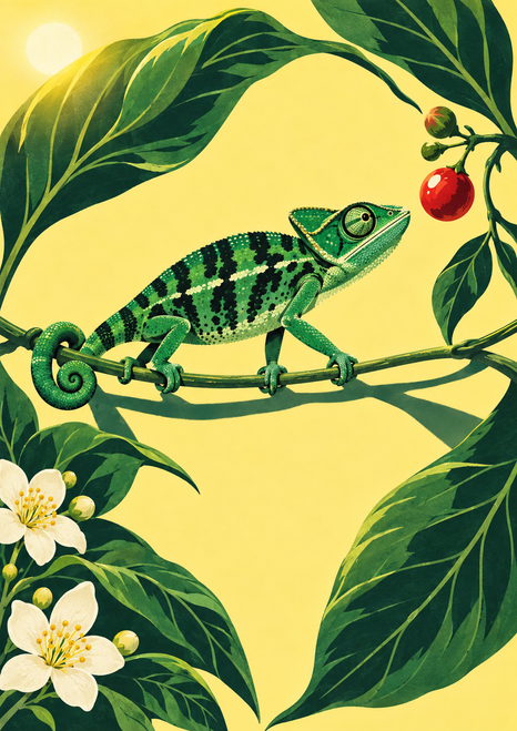 Green chameleon gripping a horizontal vine with curled tail, reaching toward a red berry among arching leaves and white blossoms.