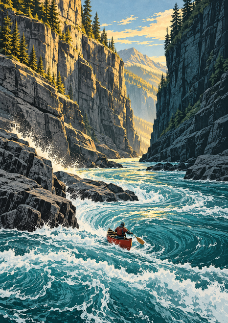 A lone paddler in a red canoe navigates a foaming turquoise river between steep forested canyon cliffs.