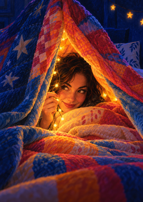 Person with dark curly hair peeking from a brightly lit blanket fort while holding warm string lights.