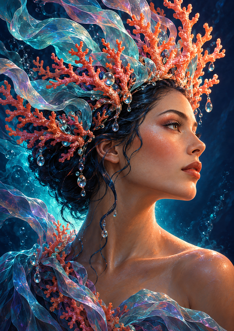 Right-facing fantasy woman in profile with a branching coral crown, translucent blue ribbons, and droplets against indigo.