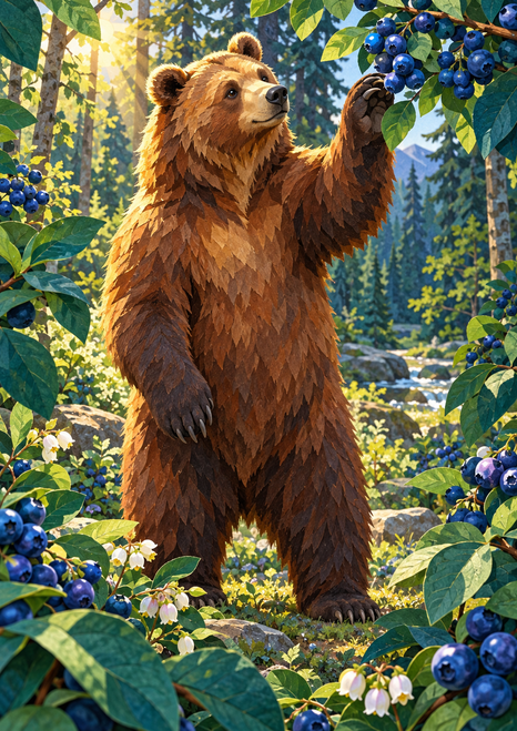 Full-body brown bear reaching toward blue berries amid leafy forest foliage, pale blossoms, and dappled woodland light.