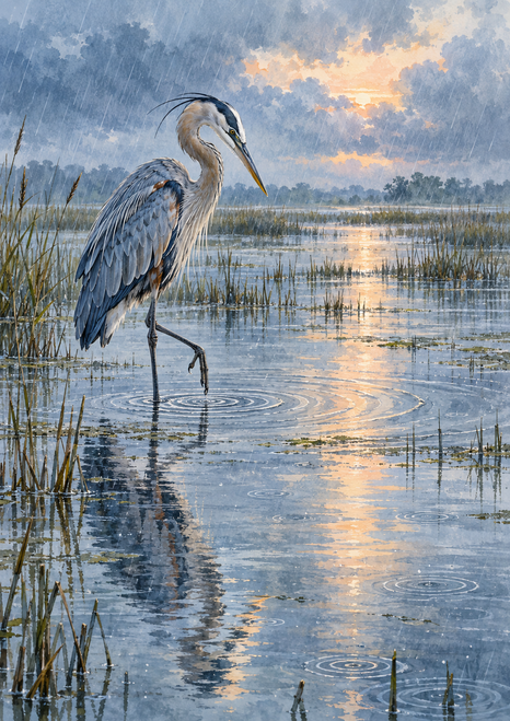 Gray-blue heron standing in rain-rippled marsh water, with reeds, reflective water, and a warm light streak.