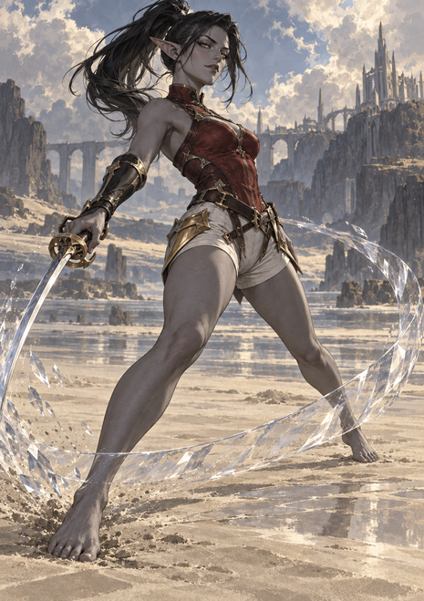 Gray-skinned, pointed-eared woman holding a sword as a clear angular arc sweeps through a sandy arena before a distant spired city.
