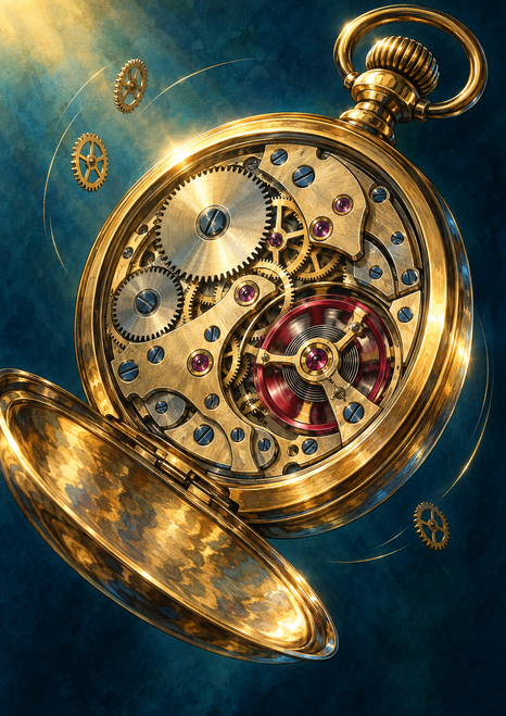 An open brass pocket watch reveals detailed gears and a red-toned central mechanism against a deep teal background.