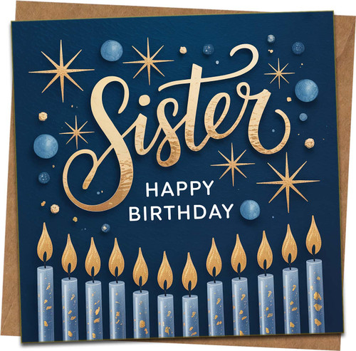 Sister Happy Birthday Card – 145mm x 145mm Square Greeting Card with Kraft Envelope, Navy and Gold Star & Candle Design