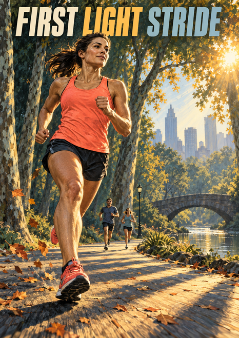 Woman runner in coral leading two runners on a sunlit park path beneath the title First Light Stride