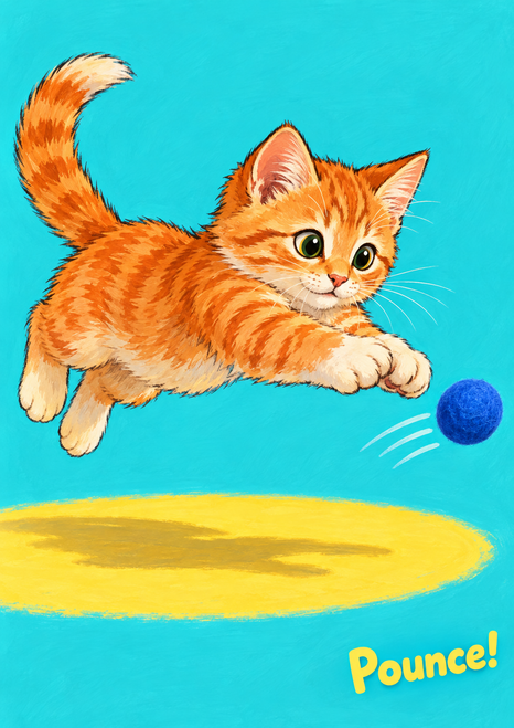 An orange tabby kitten leaps toward a cobalt-blue ball against a turquoise background, with three motion strokes, a yellow oval, and the word “Pounce!” at lower right.