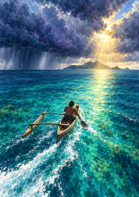 Small outrigger canoe with a lone paddler crossing bright turquoise water beneath storm clouds, heading toward a distant island.