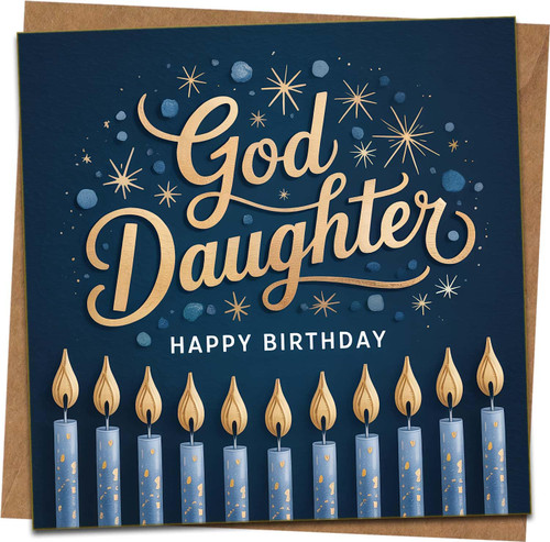 Goddaughter Birthday Card, 145mm x 145mm, Navy and Gold Stars & Candles Design, Happy Birthday Message, Premium Greeting Card with Kraft Envelope