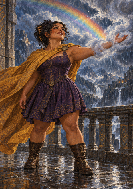 A woman in a purple fantasy dress and ochre-gold cape stands in a rain-soaked stone terrace, raising one hand toward a rainbow and storm clouds.