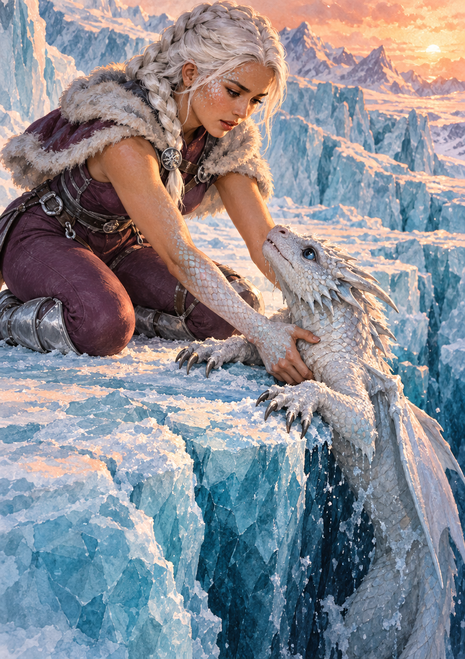 Silver-haired woman reaching toward a pale dragon-like creature on an icy ledge, with frozen mountains and sunset light behind them.
