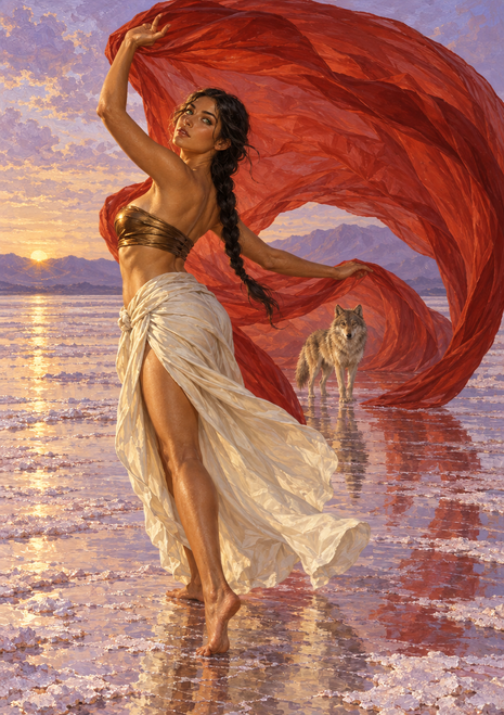 Woman dancing in an ivory skirt with a red-orange veil, with a wolf behind her on reflective water at sunset.