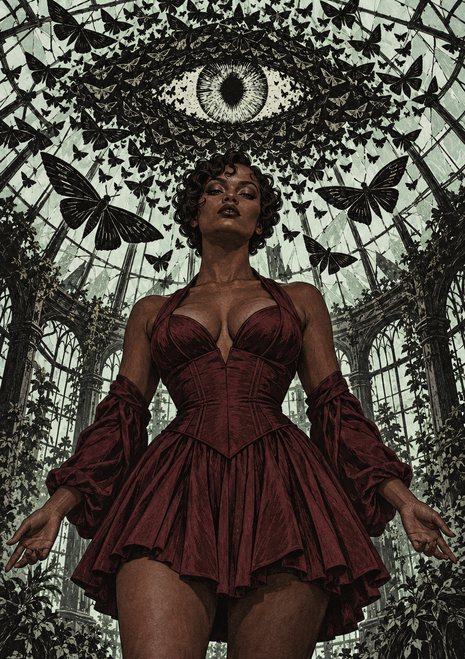 Woman in a burgundy dress beneath a large eye motif and winged insects inside a dark glass conservatory.