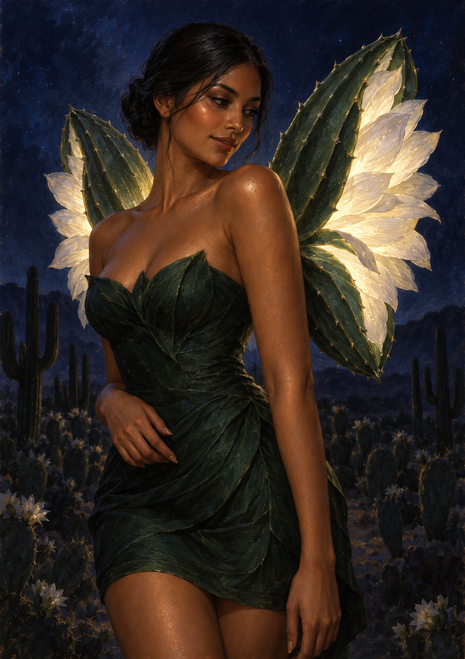 Dark-haired fairy in a green leaf-textured dress with glowing botanical wings above cactus-dotted desert vegetation beneath a deep blue night sky.
