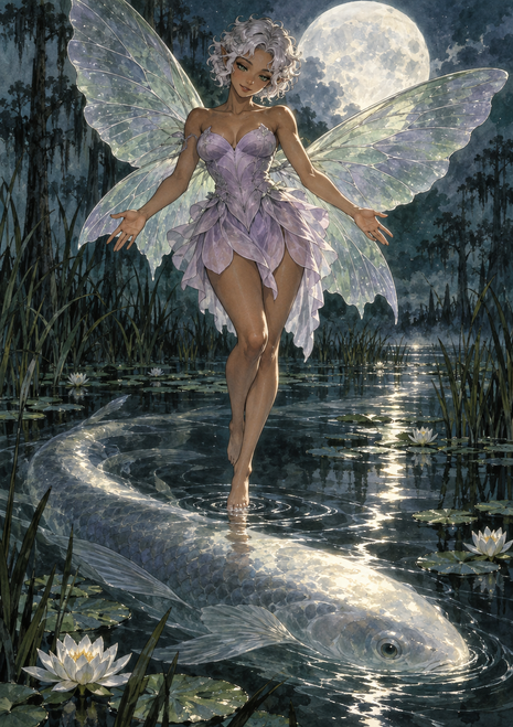 Winged silver-haired fairy in a lilac dress above a large pale fish-like creature in a moonlit marsh.