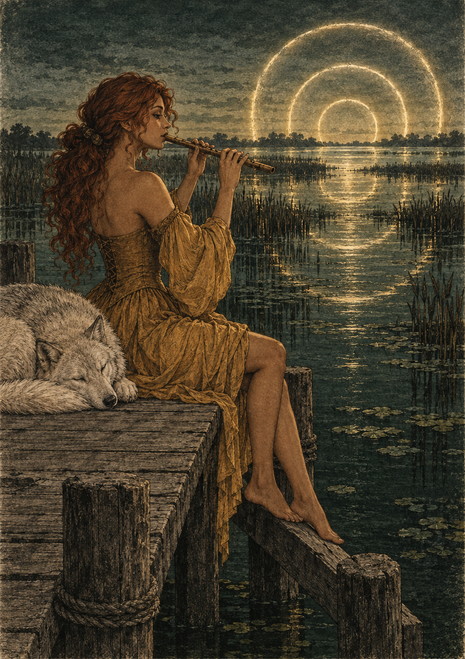Red-haired woman playing a flute on a wooden dock beside a resting pale wolf, with reeds, water, and glowing arcs in the distance.