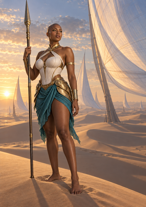 Barefoot spear-bearing woman in a pale top, gold-colored armor, and teal skirt among desert dunes and sail-like structures at sunset.