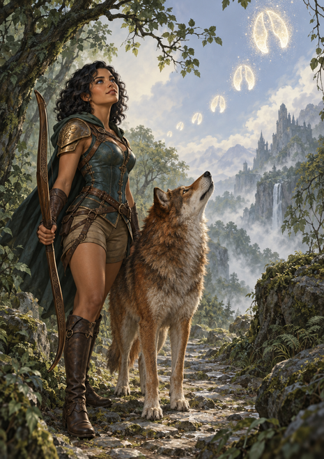 A woman ranger with a bow stands beside a wolf on a wooded mountain path, with a distant castle, waterfall, and glowing symbols in the sky.