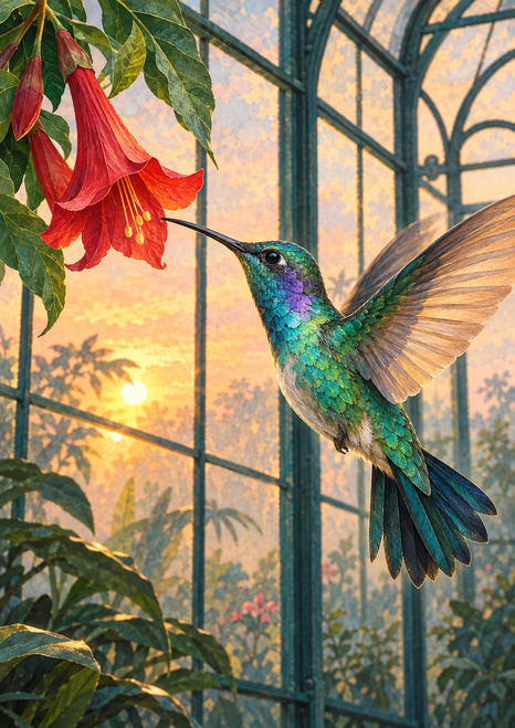 Iridescent emerald and turquoise hummingbird hovering beside scarlet trumpet flowers inside a glasshouse at dawn.