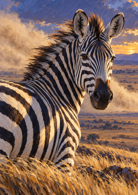 Close view of a zebra with its head turned toward the viewer, standing in golden savanna grass as pale dust blows behind it.