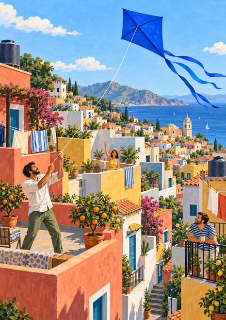 A person flies a cobalt-blue kite above a sunlit hillside neighborhood as two neighbors watch from separate terraces.
