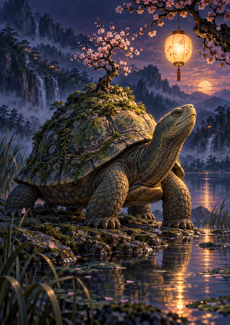 A large tortoise with moss and a flowering sapling on its shell stands beside a reflective pond beneath a glowing paper lantern.
