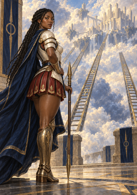 Armored woman with a spear stands on a stone platform before ladders leading through clouds to a pale castle.