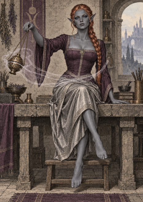 A pointed-eared woman with an auburn braid sits in a stone interior, holding a smoking metal censer by its chain.
