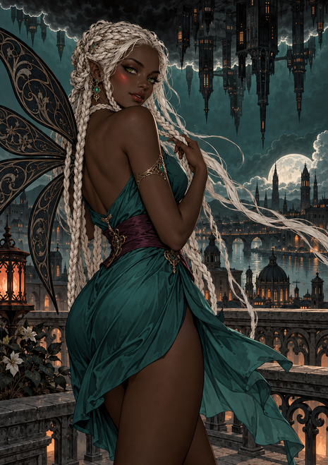 Pointed-eared woman with long white braids and dark patterned wings overlooking a moonlit city from a balcony.