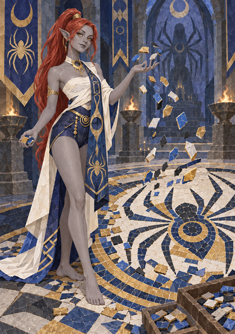 Red-haired pointed-eared woman in white, navy, and gold stands in a ceremonial hall with floating fragments, spider-like banners, and a circular mosaic floor.